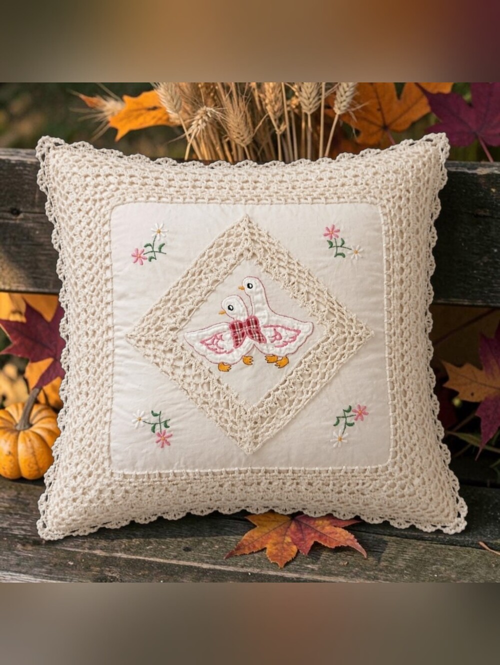 Vtg Embroidered Goose Pillow Cover 16x16 Crochet Lace Cottagecore Granny Chic